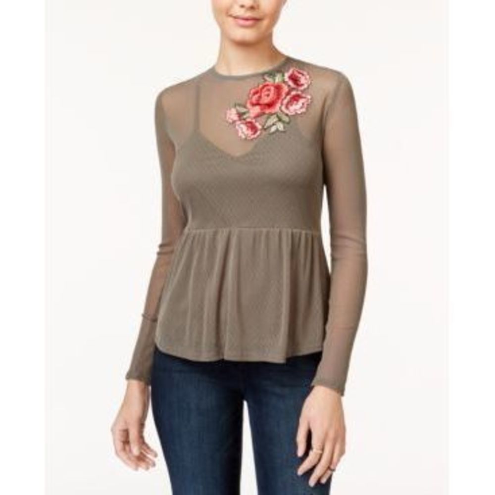 BCX Juniors Sheer Appliqued Top, Olive, Size M